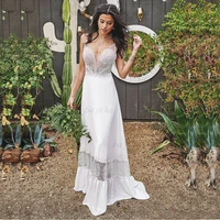 elegant 2022 bohemian spaghetti straps v neck wedding dresses lace appliques cut out button bride gown customized robe de mari%c3%a9e