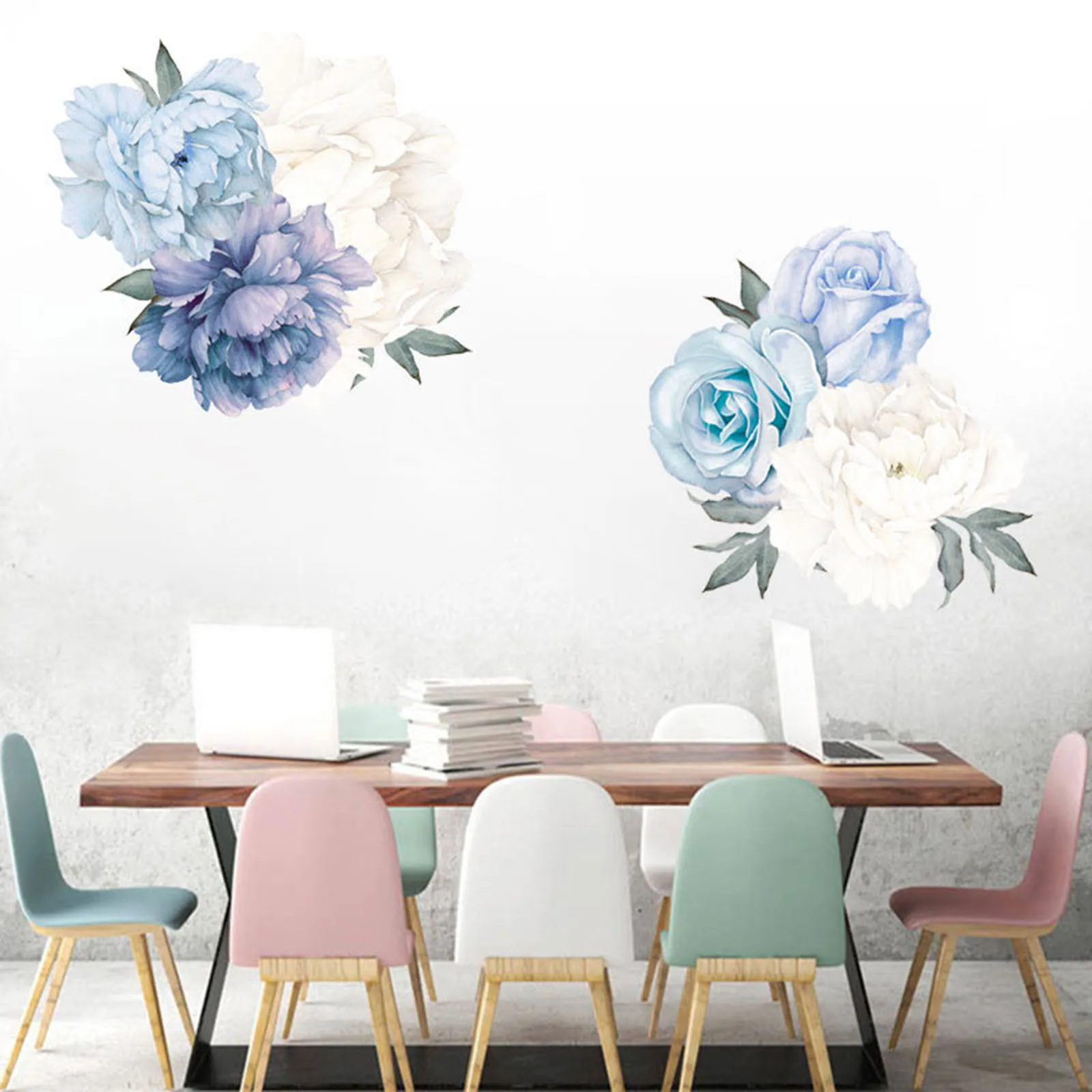 

Бирюзовый декор для девочек, 10-12 пар синих пионов, спальня, гостиная, крыльцо, домашнее настенное украшение, наклейка на стену