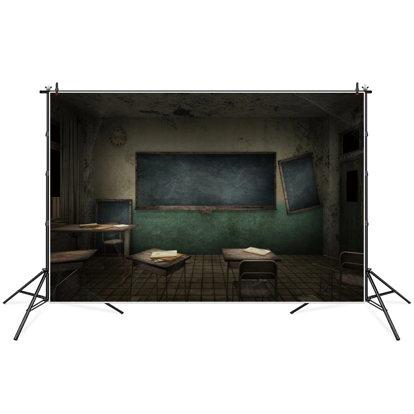 

MOON.QG Backdrop Halloween Grunge Rusty Classroom Black Board Desk Table Background Broken Clock Faded White Wall Photo Booth