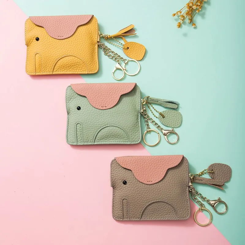 

Mini Elephant Zero Wallet Super Thin Head Layer Cowhide Coin Key Chain Storage Bag Genuine Leather Zero Wallet Female Cute