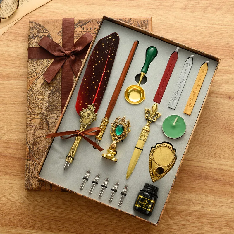 

2022 New Antique Feather Dip Pen Kit Retro Wooden Dip Pen Set Classic Wax Seal Stamp Kit