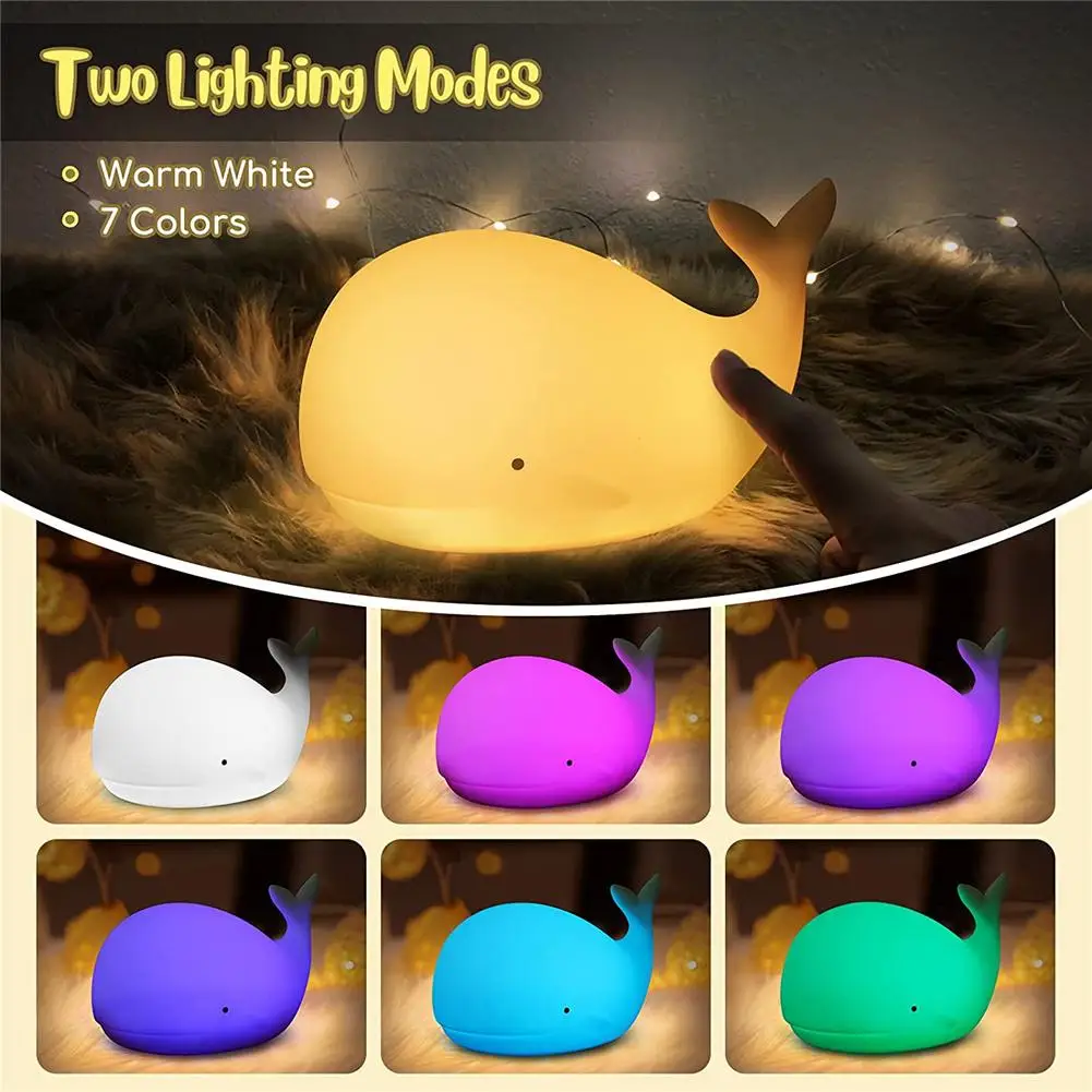

Children Led Luminous Whale-shape Night Light 7-color Usb Rechargeable Silicone Room Decoration Table Lamp Perfect Baby Gift