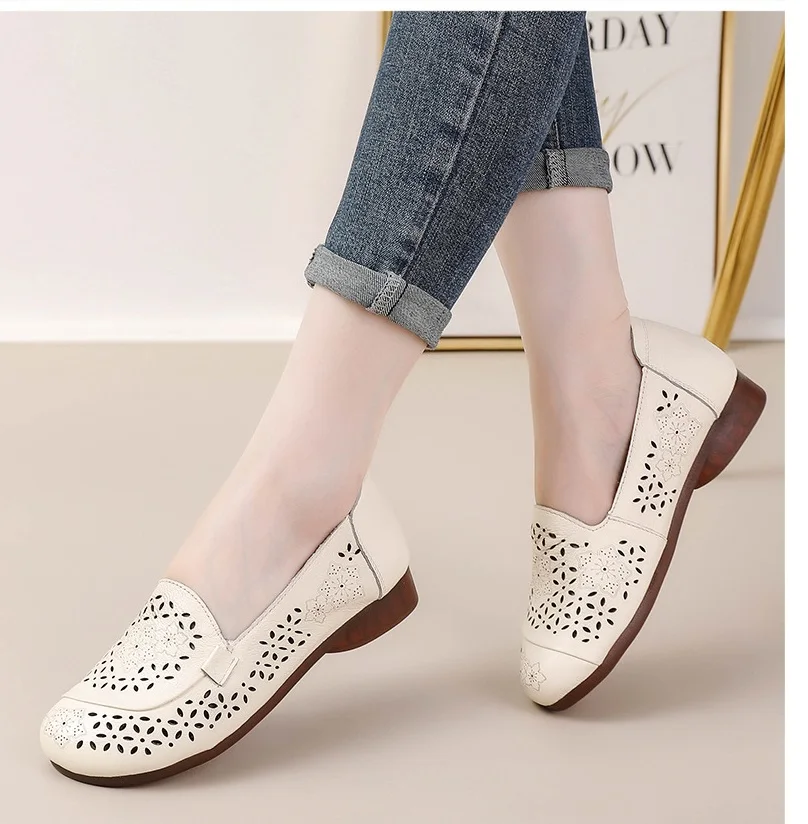 Red flats shoes women's summer cutout loafers woman slip on ballet flats breathable shoes driving moccasins mom flat walk shoes