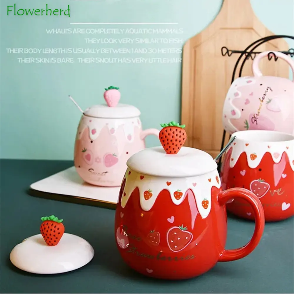 

Strawberry Flowers Heart Ceramic Mug Breakfast Milk Tea Coffee Mug with Lid Spoon Large Red Pink Cute Mugs Coffee Cups Drinkware