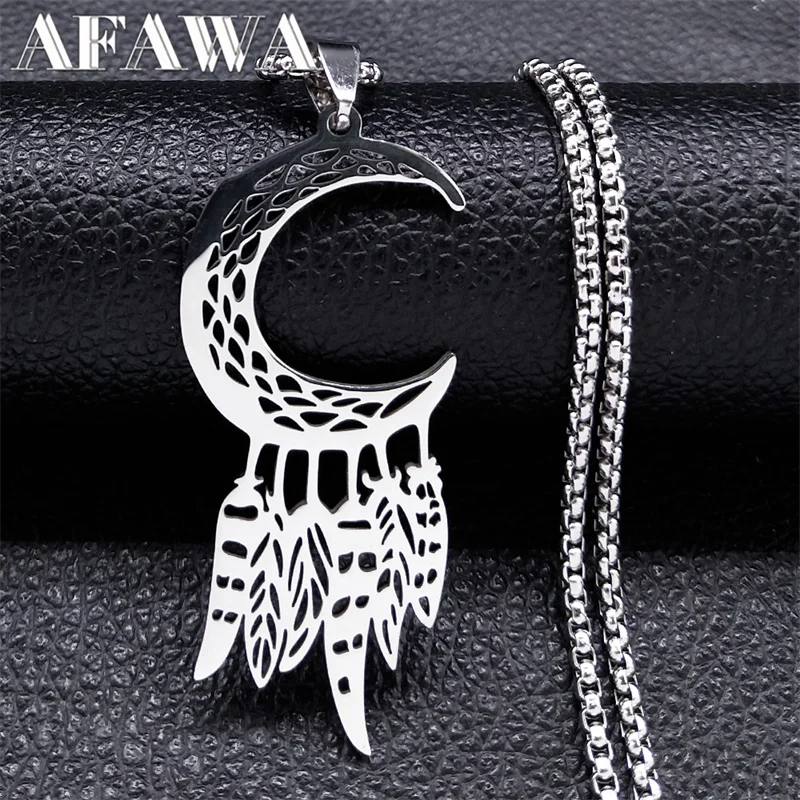 

Dream Catcher Necklace Stainless Steel Silver Color Moon Feather Pendant Necklaces Jewelry collares aesthetic hombre N4633S01