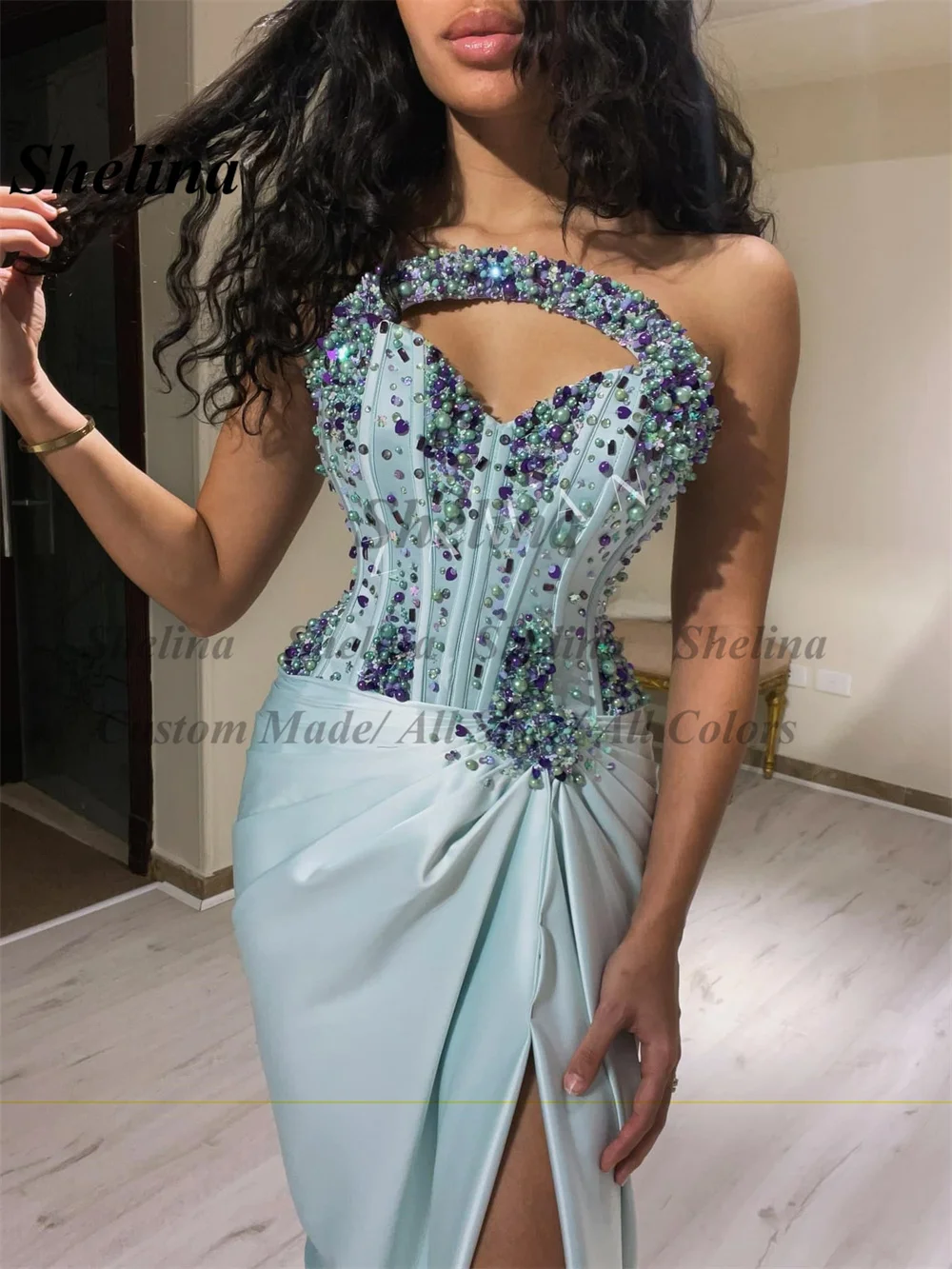 

Shelina Trendy Trumpet Prom Dress Crystal Cut-Out Pearls Pleat Split Sweep Train Backless Vestido De Noche 2024 Personalised