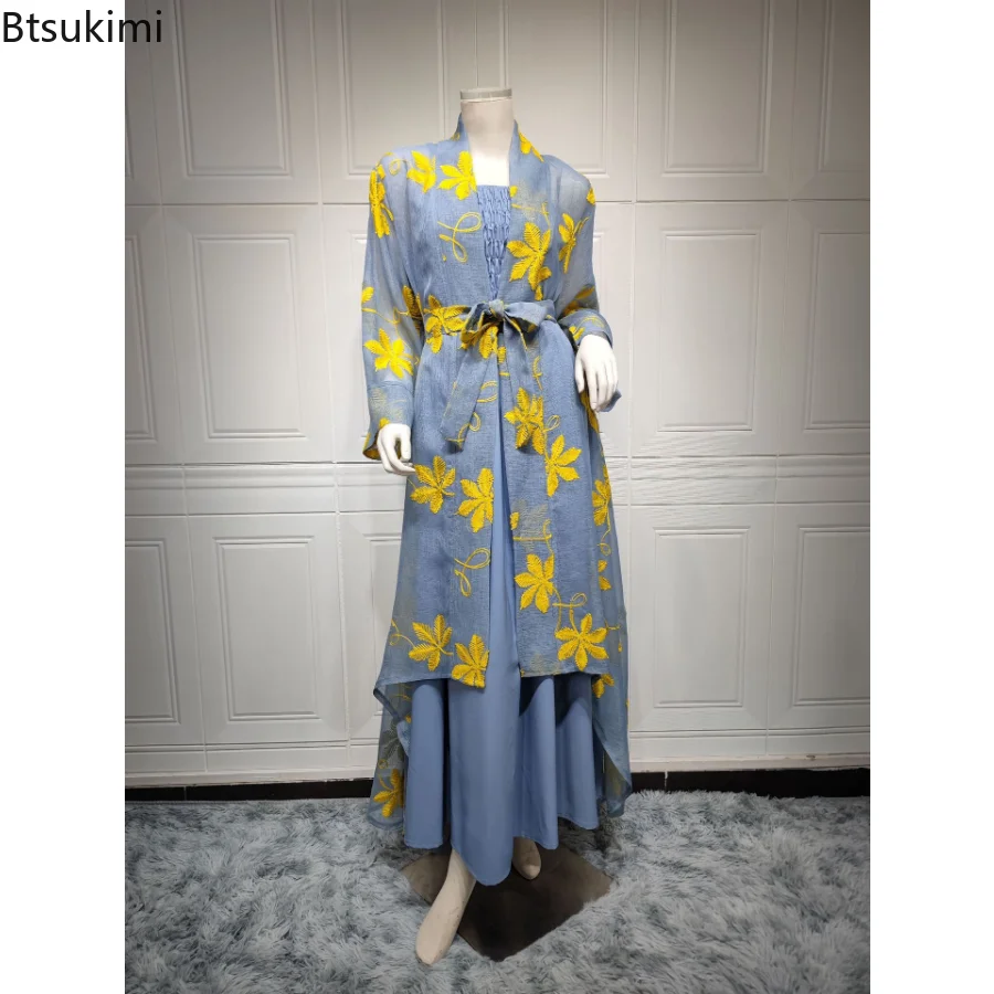 2023 Women Abaya Embroidery Chic and Elegant Woman Dress Mesh Cardigan Belted Kaftan and Solid Gray Camisole Dress Muslim Sets