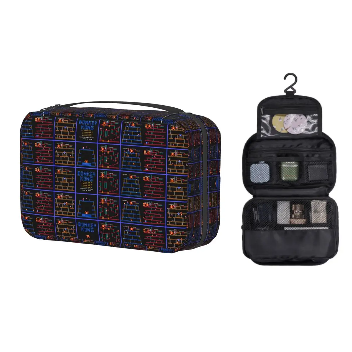 

Kawaii Donkey Kong Travel Toiletry Bag for Women Hanging Arcade Game Collage Makeup Cosmetic Bag Dopp Kit