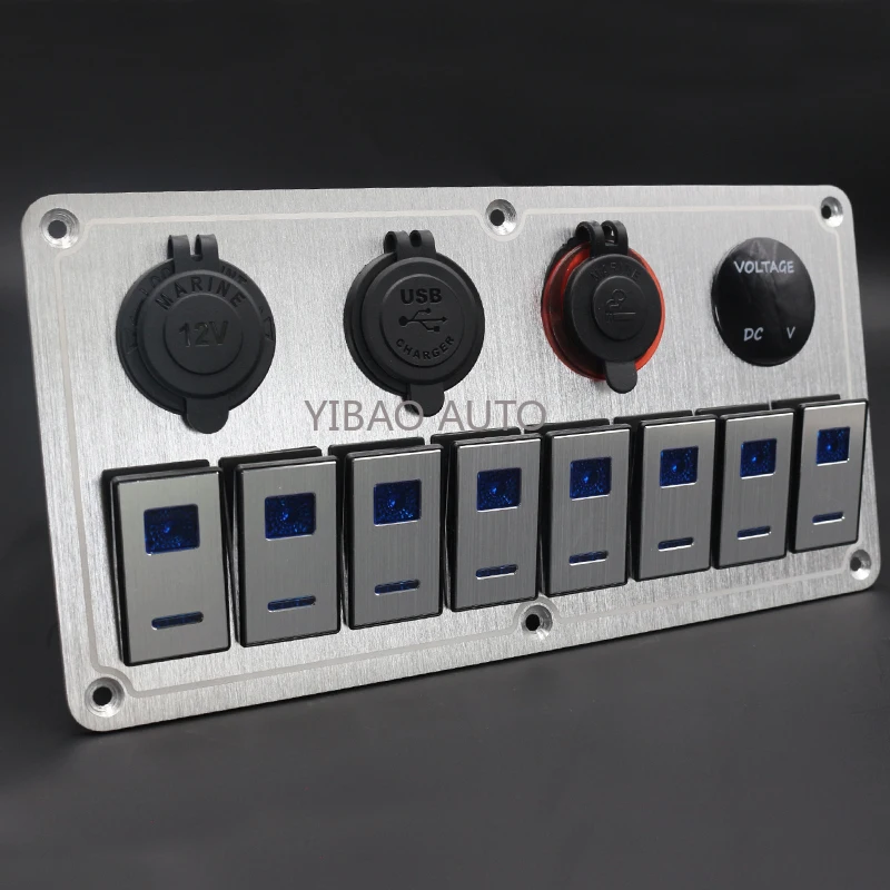 

8 Gang Metal Rocker Switch Panel Control Car Marine Boat Circuit Breakers Panel Dual USB Charging Ports Cigarette Lighter Socket