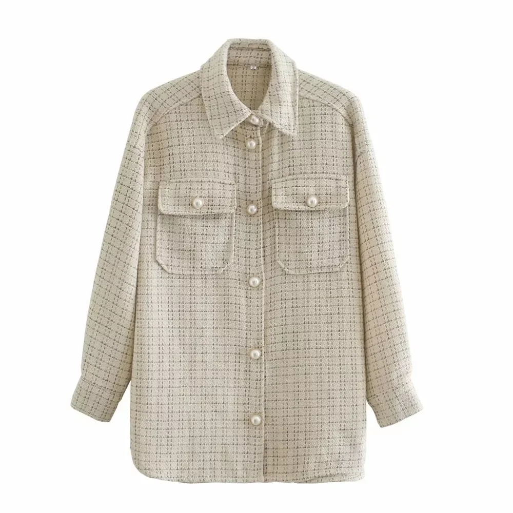

New in 2022 Fall Women's New Lapel Long Sleeve Tweed Small Fragrant Style Jewelry Button Jacket Fashion Beige Plaid Shirt