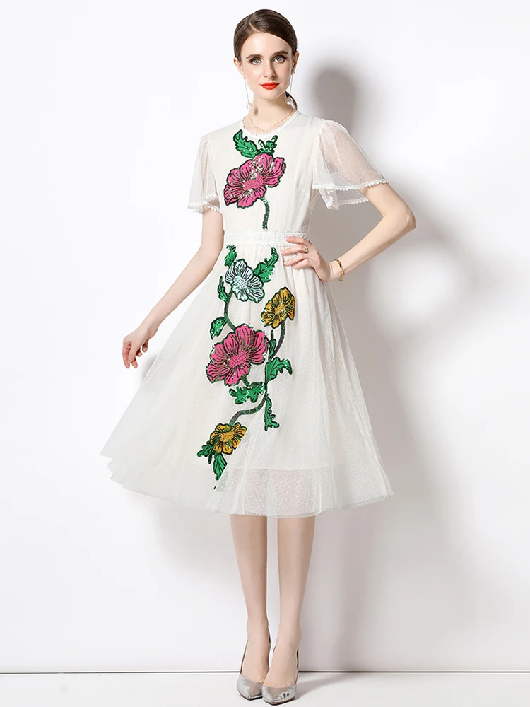 

Women Summer Fashion Runway Midi Dress Butterfly Sleeve Flower Embroidery Ladies Slim A-Line Mesh Dresses Vestidos N9231