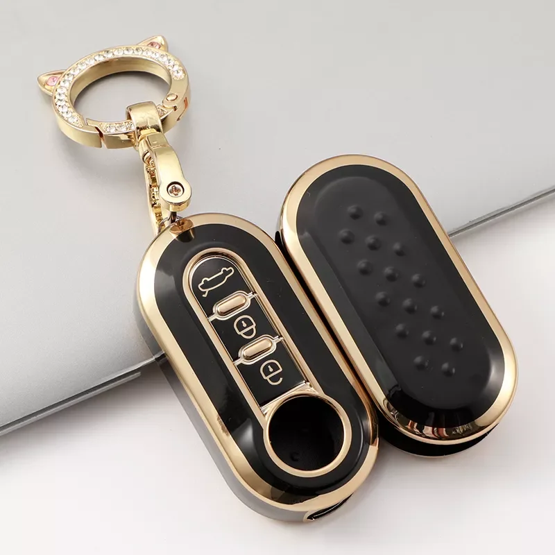 

Buttons TPU Gold Edge Car Flip Folding Key Case Cover For Fiat 500 Remote Key Shell Holder Protecor Keychain Accessories