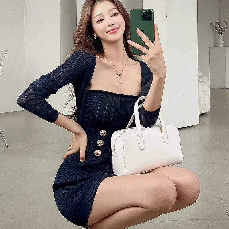 2024 осень/зима вязаный топ + сексуальное трикотажное платье с прямым вырезом