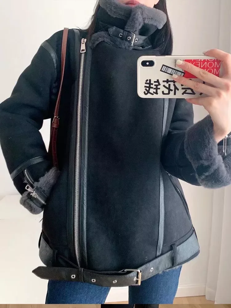 New2022 Women Fashion Thick Warm Winter Double-sided Fur in one Jacket Coat Vintage Long Sleeve Female Outerwear Chic Tops