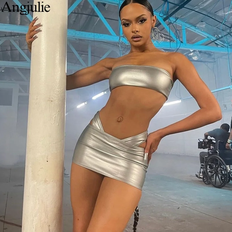 

Angjulie Dress Suits Classy Outfits For Women Summer 2022 Womens Fashion 2 Peice Sets Faux PU Strapless Top+High Waist Hip Skirt