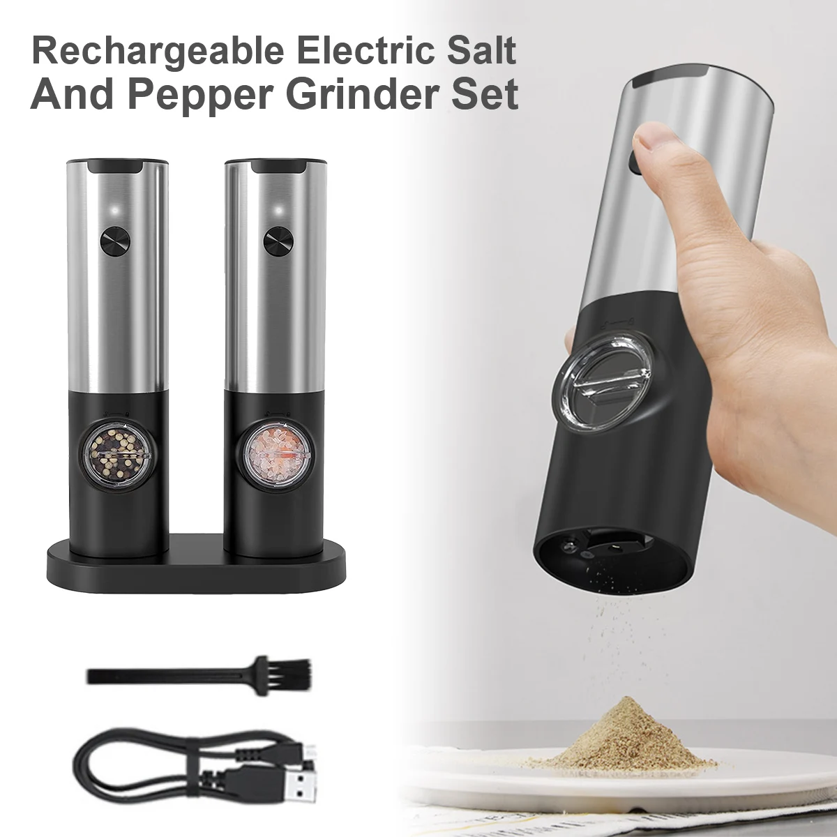 

2 Pcs Electric Pepper Grinder Set with USB Cable Charging Base Brush Rechargeable Salt and Pepper Mill Stainless Steel Automatic