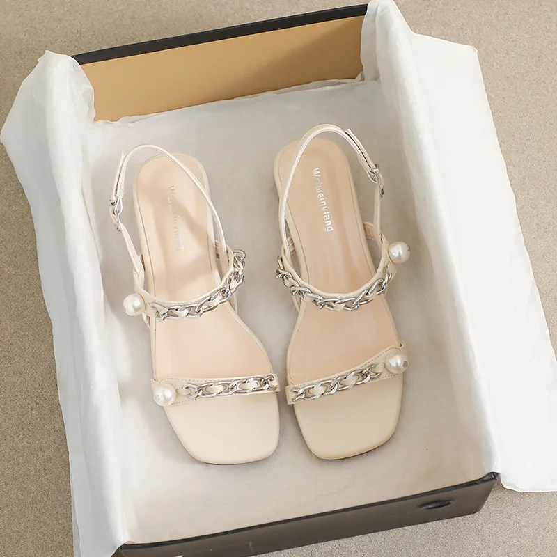 

Large Size Summer Slippers 2022 New Line With Pearl Buckle Women's Sandals Square Toe Low Heels