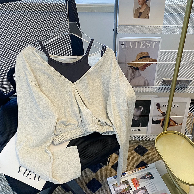 

Autumn Spell Color Patchwork Gray T Shirt Women Sexy Fake Two Piece Short Top Female Long Sleeve Korean T-shirts M-XL