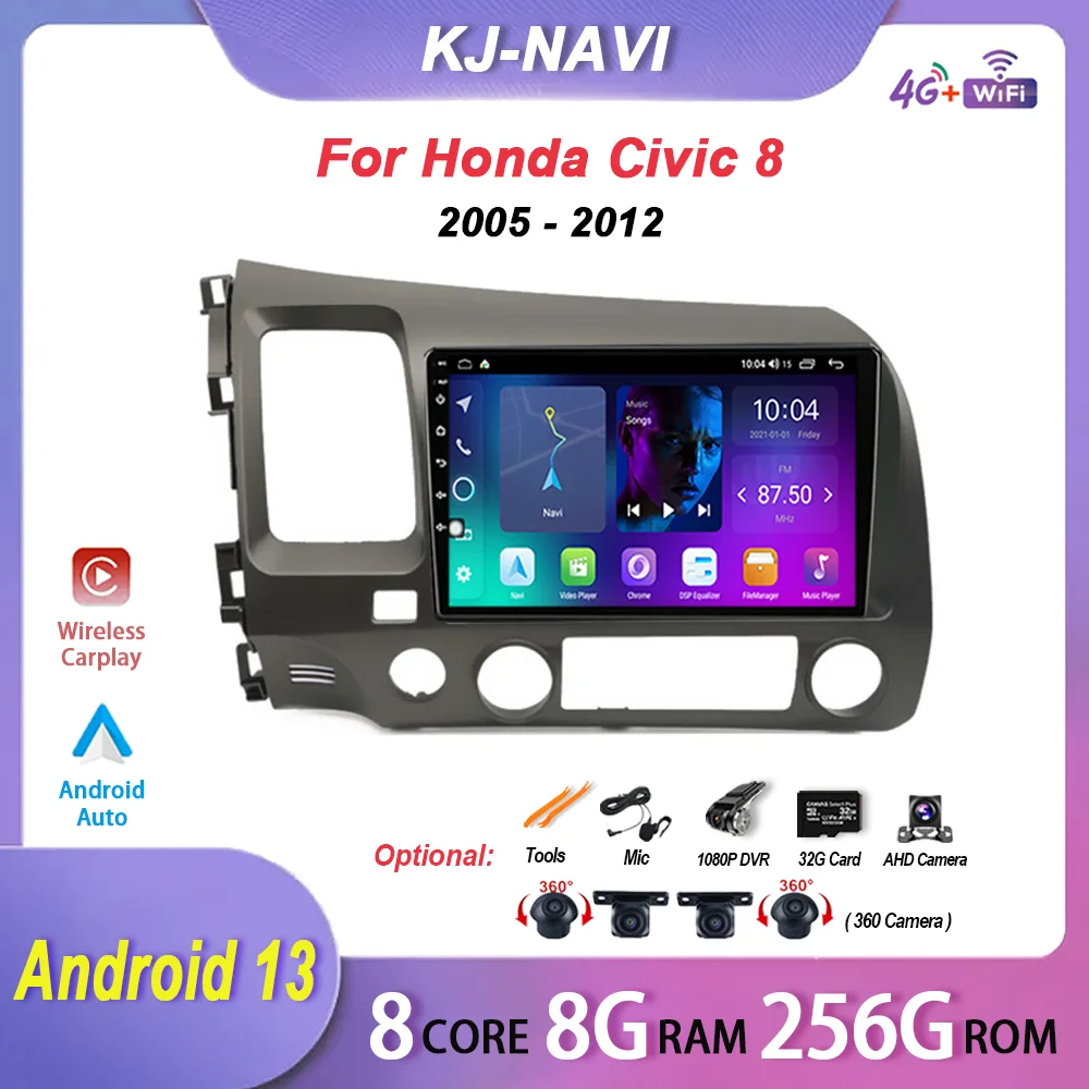 Android 13 For Honda Civic 8 FK FN FD 2005 - 2012 Car Radio Multimedia Video Player Navigation Carplay 4G LET No 2din 2 din