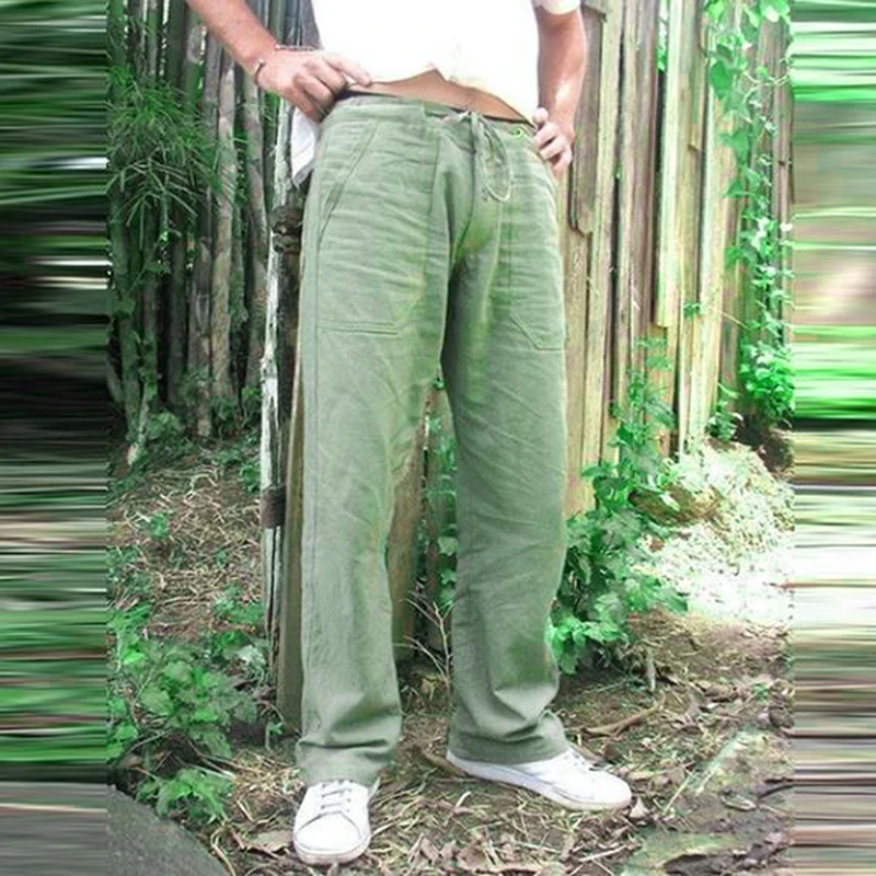 

Summer Mens Cotton Linen Trousers Summer Pants 2XL Casual Male Solid Elastic Waist Straight Loose Pants Plus Size