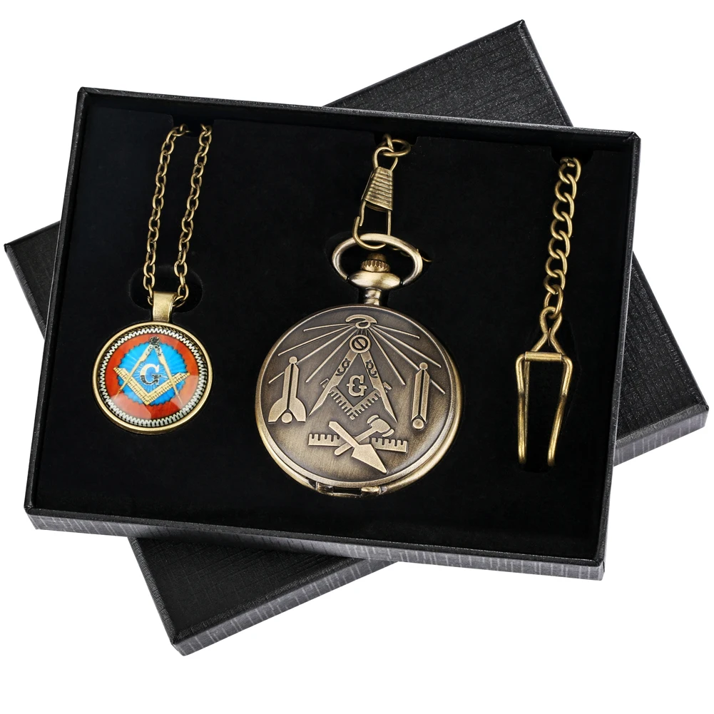 2022 New Arrival Freemasonry Masonic Pocket Watch Set Necklace Pendant Watches Box Best Gift Set for Men Women Dropshipping