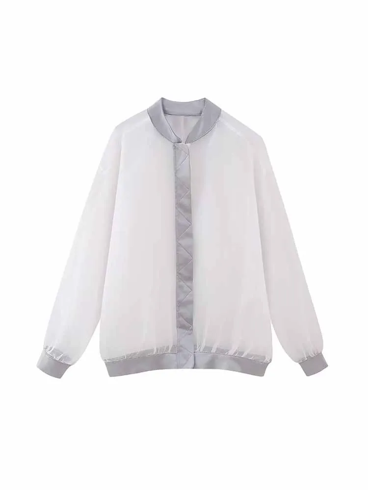 

Women New Fashion Satin texture Transparent hard yarn flying Jacket Coat Long Sleeve zipper Female Outerwear Chic Overshirt
