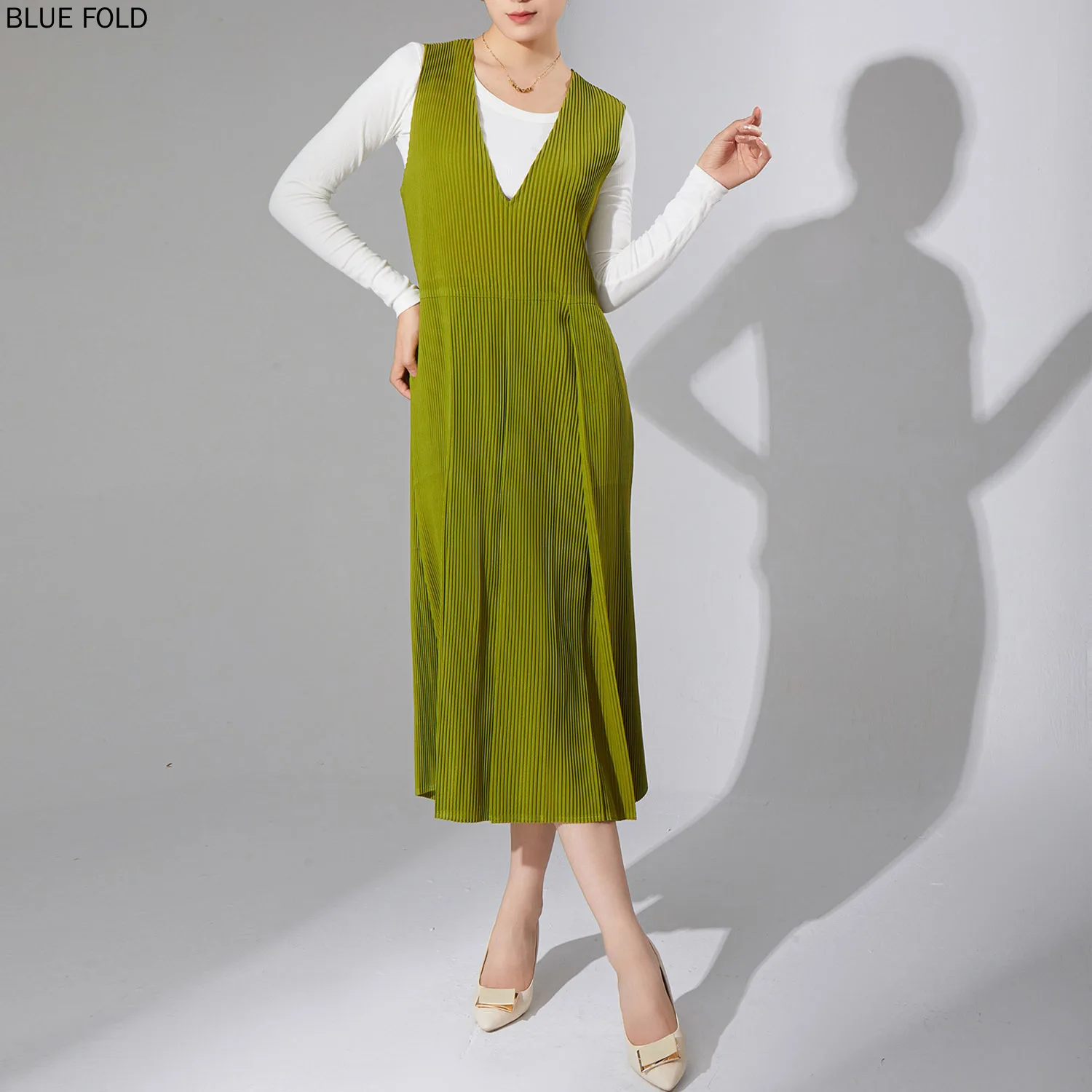 

Женское плиссированное платье Miyake, Осеннее без рукавов Вязанный жилет платье с v-образным вырезом, длинное платье