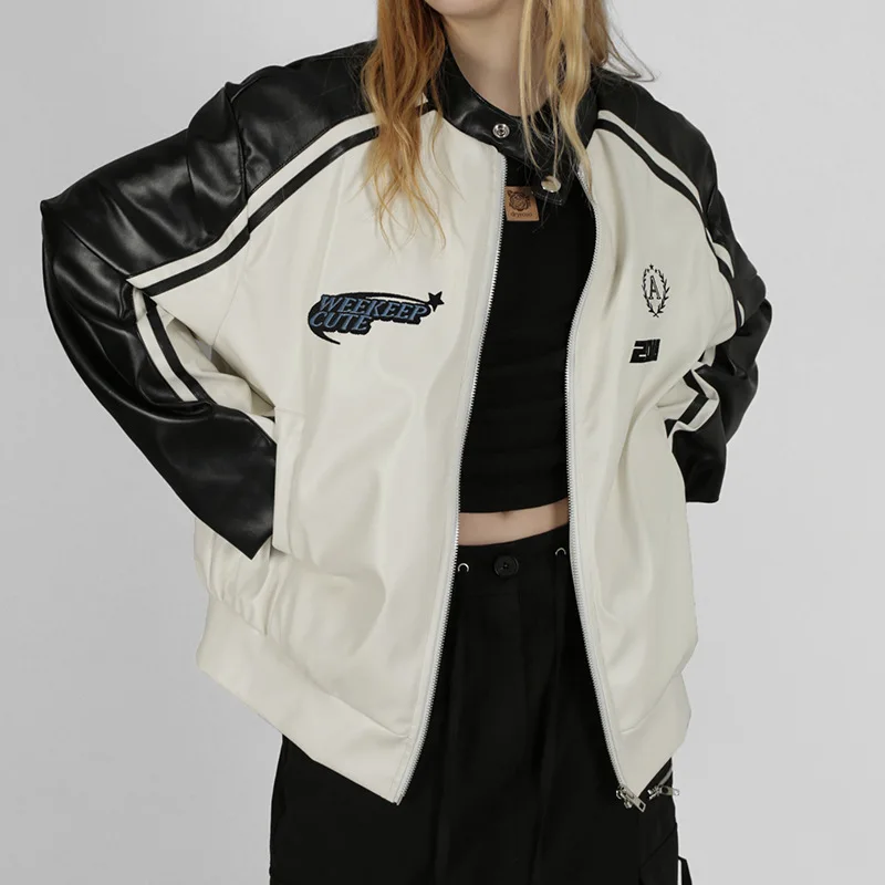 

American-style Biker Chic Patchwork Embroidered Leather Jacket for Women - Loose Color-Block Zipper Cardigan Stand Collar Autumn
