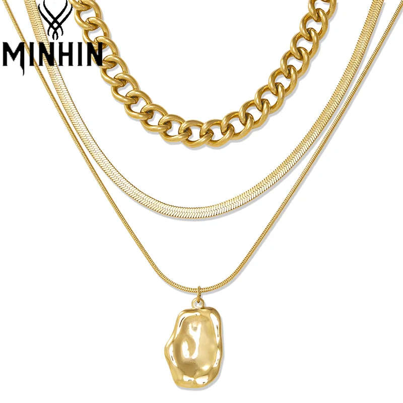 

MINHIN Layered Necklace Irregular Round Dangle Pendant Necklaces for Women Personality Jewelry Gifts Gold Color Cuban Chain