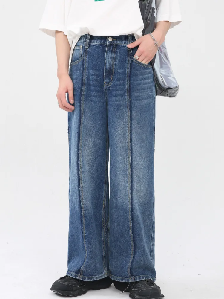 

SYUHGFA Men's Wear 2022 Summer Korean Patchwork Design Streetwear Fashion Loose Straight Blue Jeans Casual Denim Trousers