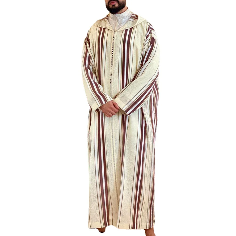 2023 New Spring and Summer Men's Long Shirt Casual Ordinary Beige Muslim Robe Islamic Clothing Stripe Men's Fashion Arabe