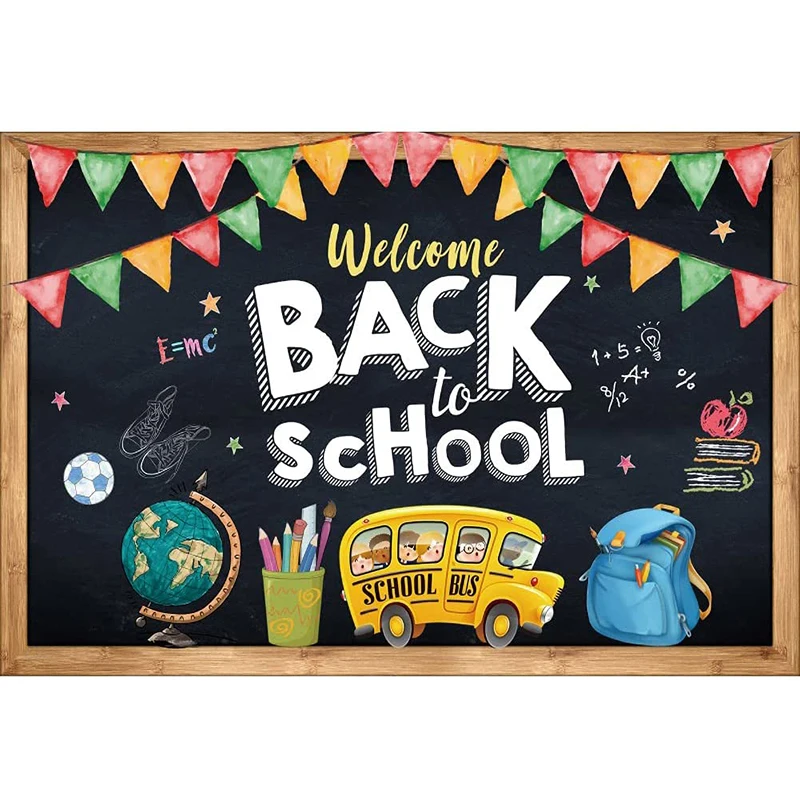 

Welcome Back to School Backdrop for Photography Classroom Cartoon Chalkboard Preschool School Bus First Day of School Banner