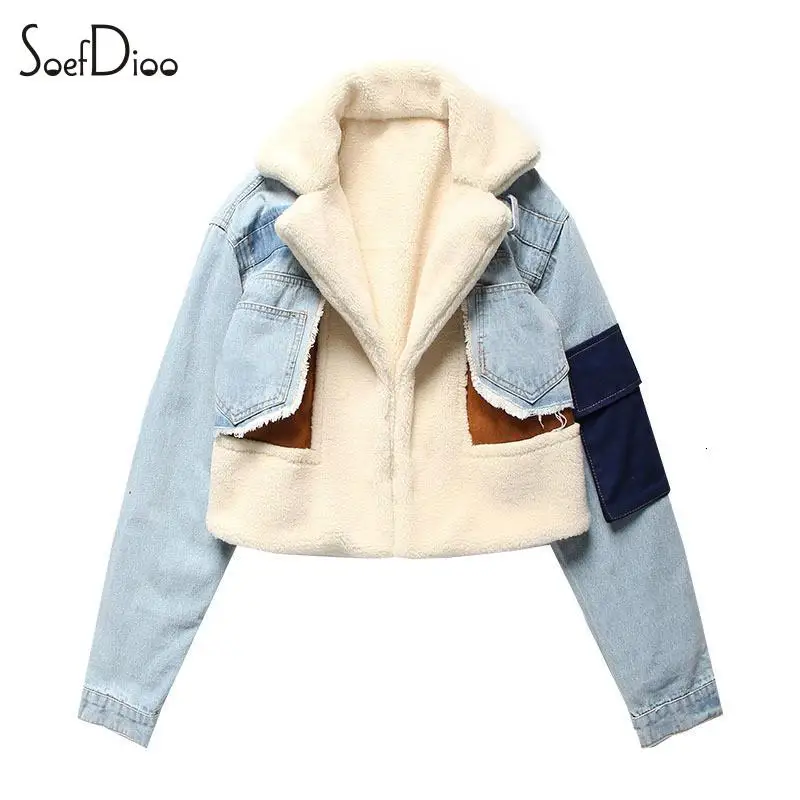 

Soefdioo Fashion Denim Patchwork Lapel Lamb Wool Thick Short Coat Women Winter 2023 Casual Loose Fake Two-Piece Parkas Jackets
