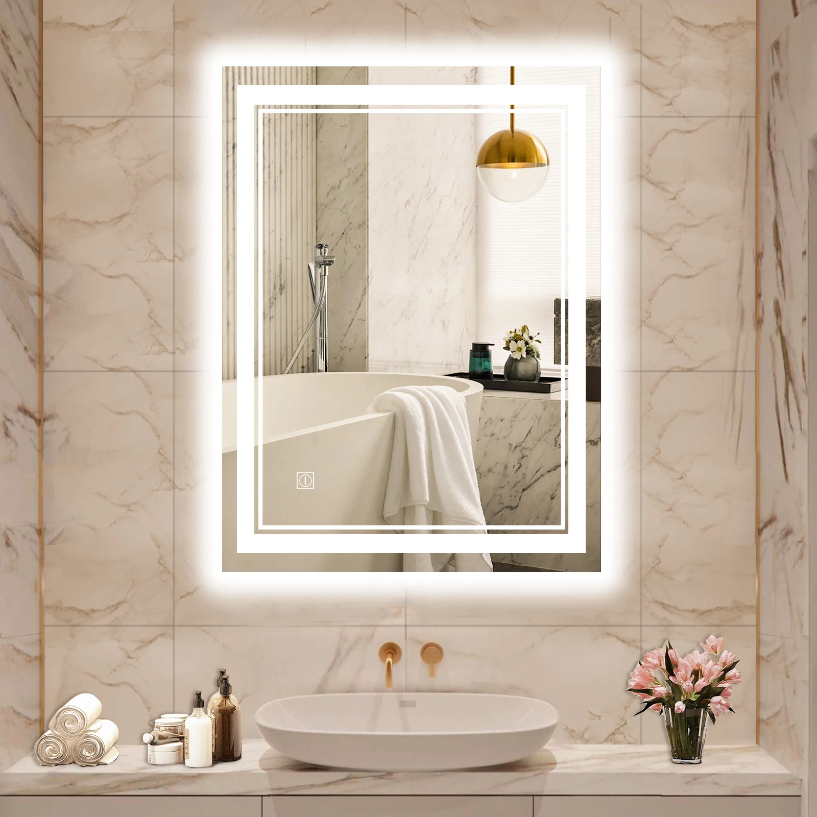 

28x20 inch LED Bathroom Mirror Wall-Mounted Vanity Mirrors with Lights, 3 Color Adjustable Brightness Makeup Mirror, Touch Butt