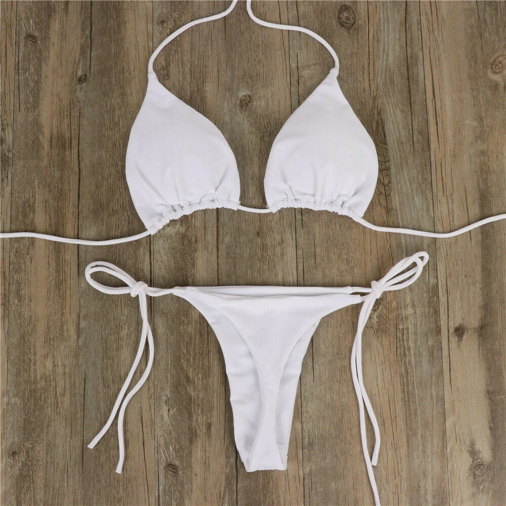 Women's Ultra Thin Elastic Thong Bikini Set Side Tie Sexy Solid Color Swimsuit Bandage Style Brazilian Swimwear
