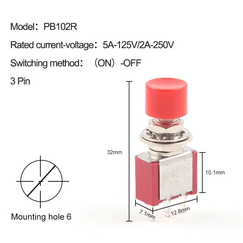 

5 шт. 3-контактный C-NO-NC с фиксацией тумблера с автоматическим возвратом (ON)-OFF 5A125V/2A250V 6 мм мини-тумблеры