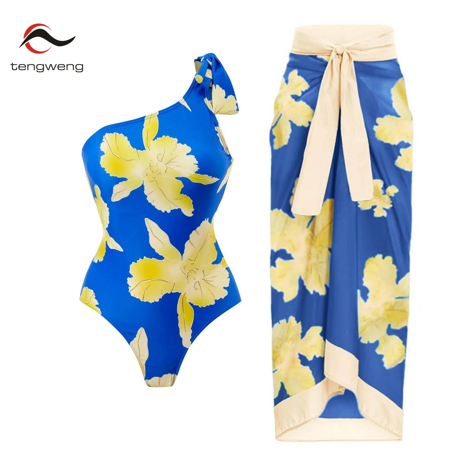 

One Shoulder Green Floral Print Swimsuit Set High Waist Cropped Slim Chic Beachwear Sexy Vintage Swimwear Elegant Bikini