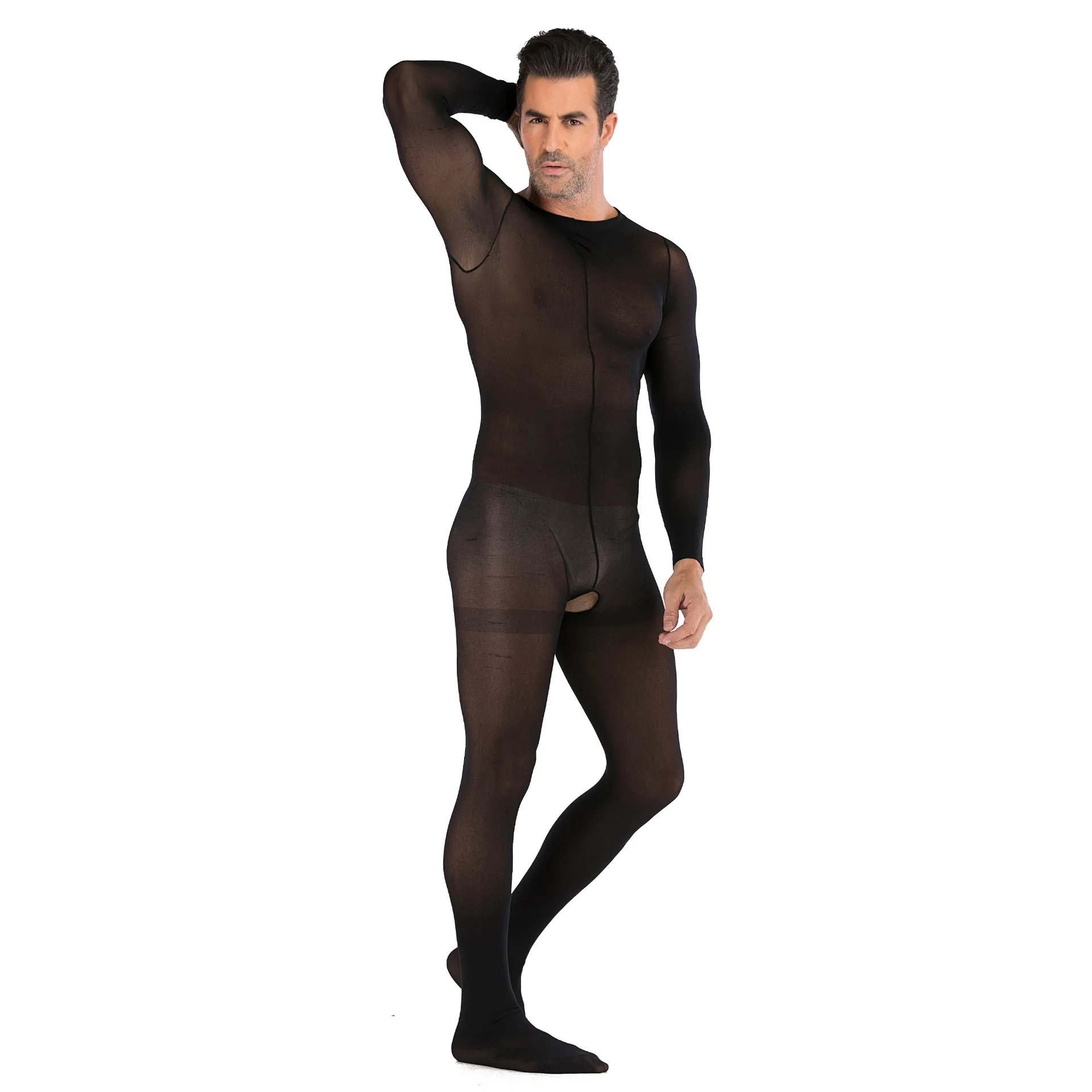 Men's One-piece Stockings Long Sleeve Club Open File Sexy Pajamas JJ Set Of Sex Perspective Suit Mesh Hollow