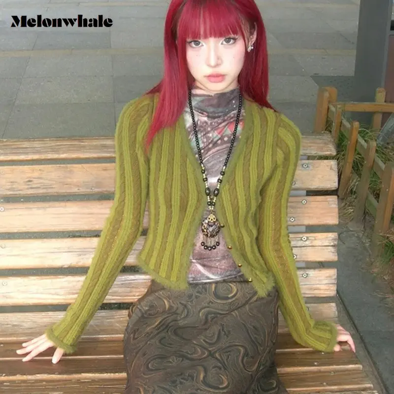 

2022 AW Y2k мохеровые кардиганы эстетичный Укороченный кардиган полосатый Харадзюку гранж Fairycore вязаная одежда винтажные свитера для E-girl 00s