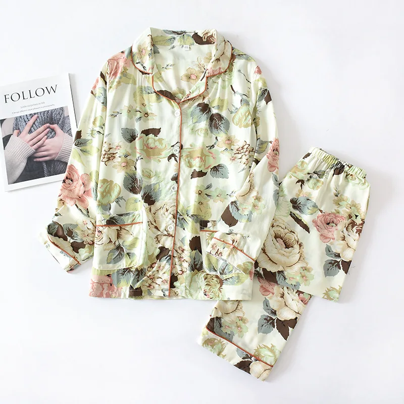 2022 Women's Pajamas Set Sleepwear Long Sleeve Pants Silky Soft Fabric Home Suits Spring Summer Printing Flowers Clothes M L XL