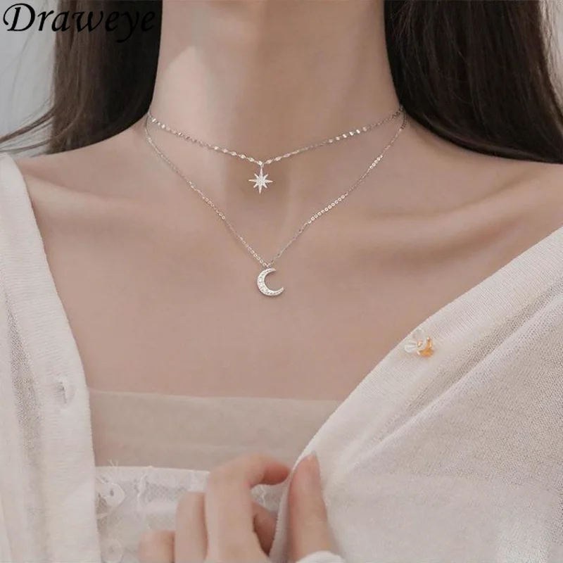 

Draweye Stars Moon Necklaces for Women Double Layer Chokers Luxury Quality Cute Jewelry Simple All Match Pendant Necklace
