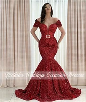 elegant red velvet sequins evening dresses sexy 2022 off ther shoulder mermaid for women party dress robes de soir%c3%a9e