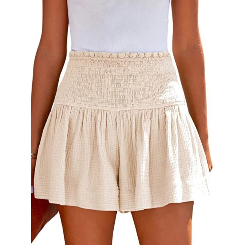 

Шорты женские с завышенной талией, милые эластичные Короткие штаны для отпуска с плиссированным подолом и оборками, Повседневная пляжная курортная одежда, N7YD, на лето
