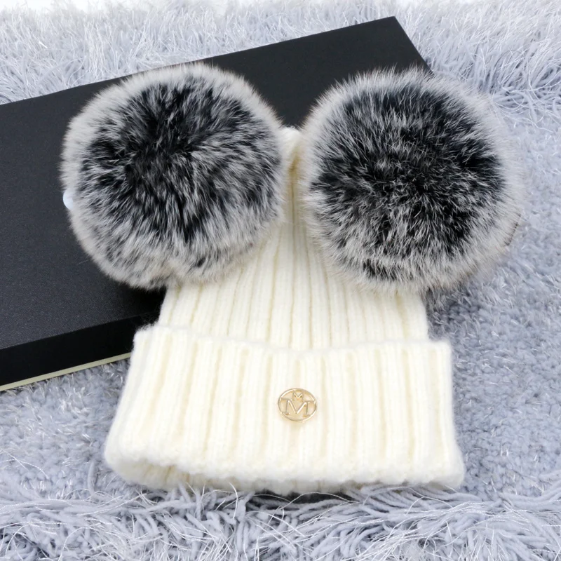 

Women's Winter Real Fox Fur Wool Knit Baby Cap Beanie With 2 Two Double Pom Poms Pompom Ears Funny Hat