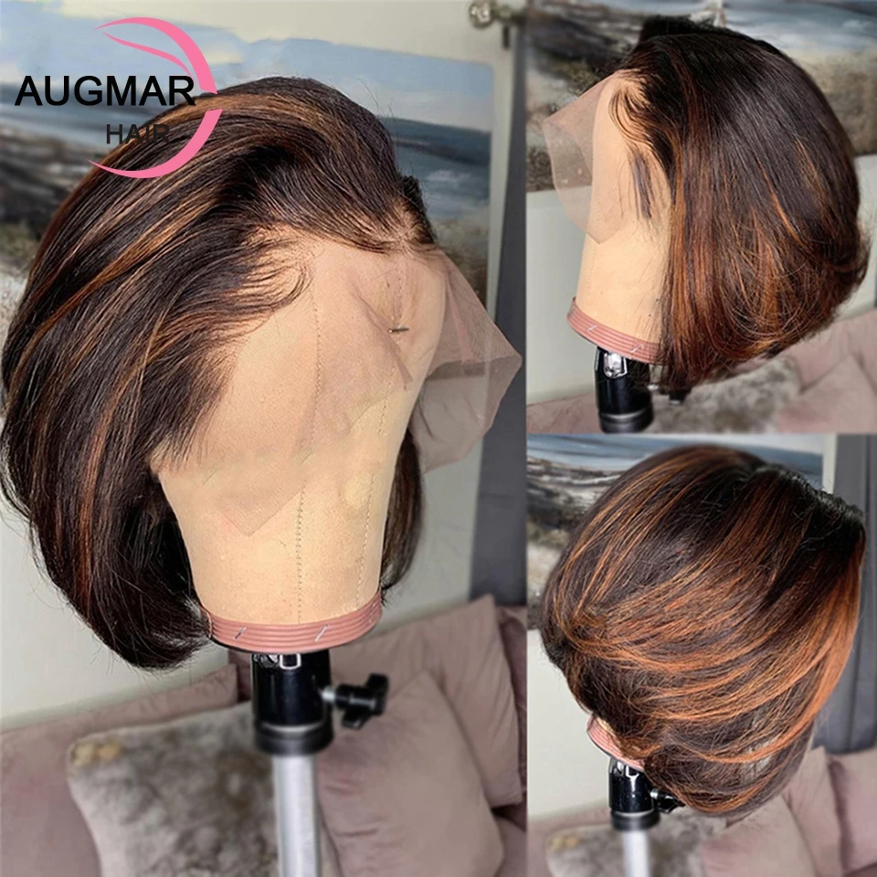 

Short Blonde Brown Highlight Wig Human Hair Pre Plucked 13x6 HD Lace Frontal Wig 13x4 Bob Lace Front Human Hair Wigs For Women