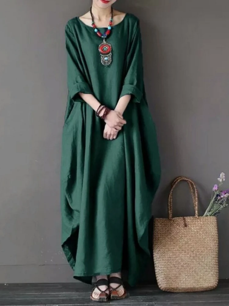 

Dresses for Women 2022 Vintage Loose Cotton Linen Dress Round Neck Long Sleeves Elegant Dresses for Women Country Style Robe