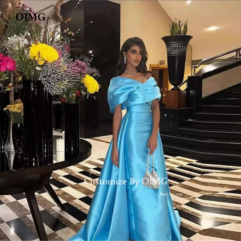 

OIMG простой небесно-голубой длинный трапециевидный атласный накидка с открытыми плечами для официальной ночной вечеринки платье для выпускного вечера