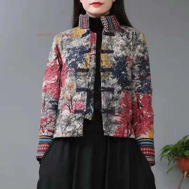 

2023 китайское хлопково-льняное пальто, этнический костюм Тан с национальным цветочным принтом, топы ханьфу в восточном стиле, хлопковая стеганая куртка, утепленное пальто