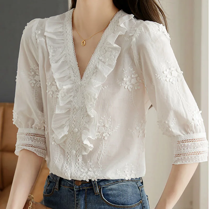 

Летняя белая кружевная рубашка с длинным рукавом, Женская однотонная блузка с оборками, элегантные повседневные рубашки, тонкие свободные топы с V-образным вырезом, 25366