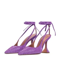 elegant purple crystal pointy slingback shoes strange heels ankle wrap lace up rhinestone runway shoes plus size43